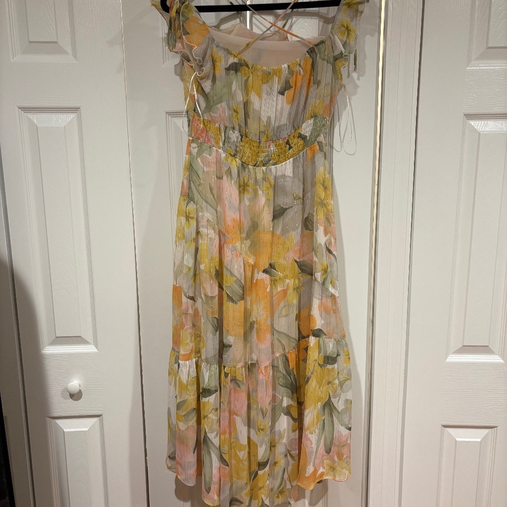 Zara summer yellow peach floral dress with gold
